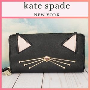 Kate Spade Black Cat Zip Wallet with Pink Ear Accents